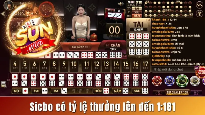 Sicbo có tỷ lệ thưởng lên đến 1:181